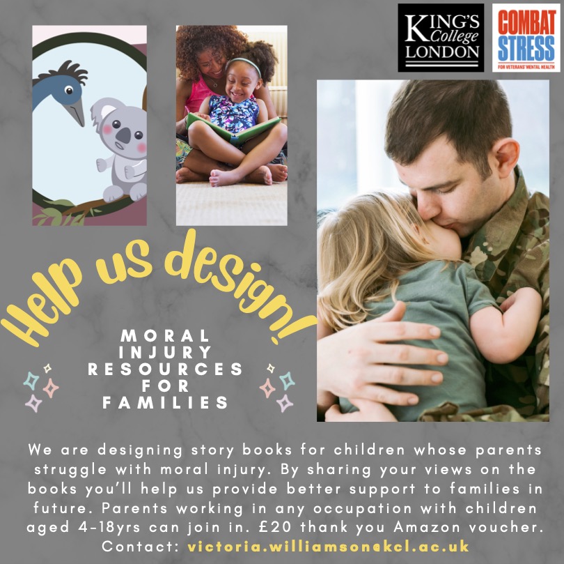 📢 Calling parents navigating moral injury: Help us in crafting storybooks for children whose parents struggle with moral injury. Your insight is invaluable in shaping narratives that heal, support and inspire. Let's create together! 📚💫 contact 👉victoria.williamson@kcl.ac.uk
