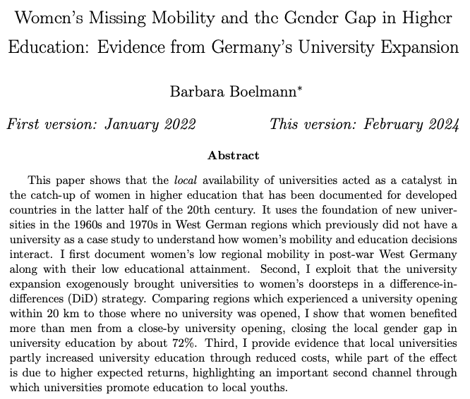Excited to share a new WP: “Women’s Missing Mobility and the Gender Gap in Higher Education: Evidence from Germany’s University Expansion”. 2 years and a baby later, finally an updated version of my thesis chapter! Join me in a time travel to universities in post-WWII Germany. 1/