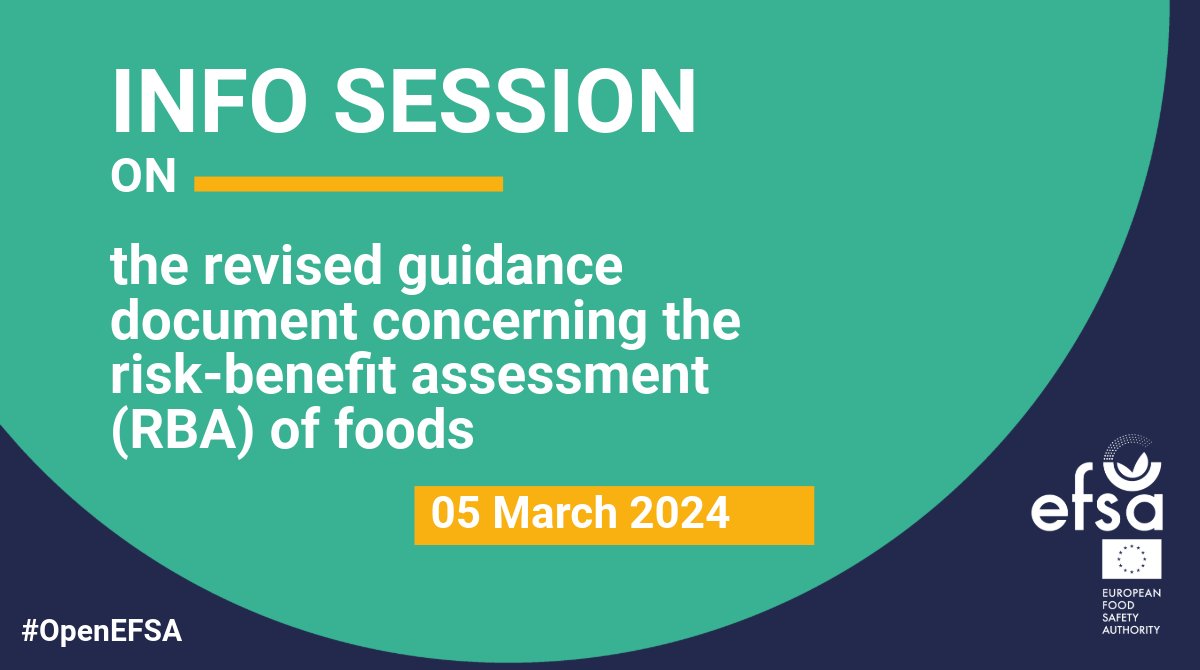 EFSA_EU's tweet photo. ⌛️ Last chance to join our #InfoSession 💻 on the revised guidance document for Risk-Benefit Assessment (RBA) of foods!

We'll present the draft, discuss its scope &amp; technical content, &amp; welcome feedback from #stakeholders

Register by ⏰29/2

👉https://t.co/JXzYuFAmSB

#OpenEFSA https://t.co/dFBmoIv84r