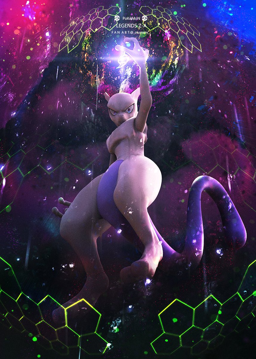 mewtwo pokemon (creature) solo no humans arm up full body looking at viewer from below  illustration images