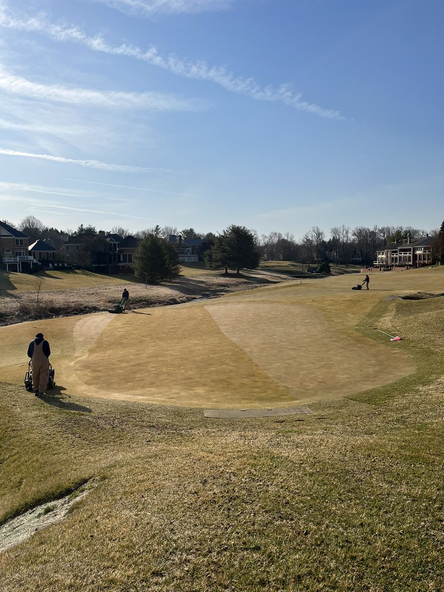 Picture perfect morning. Shades of summer as we mowed greens approaches, and raked bunkers ahead of play.