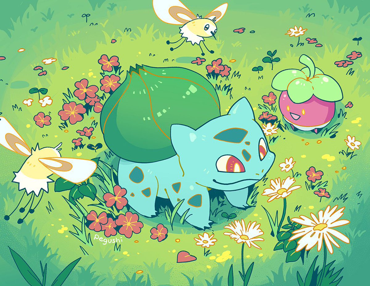 bulbasaur pokemon (creature) no humans flower grass outdoors smile closed mouth  illustration images