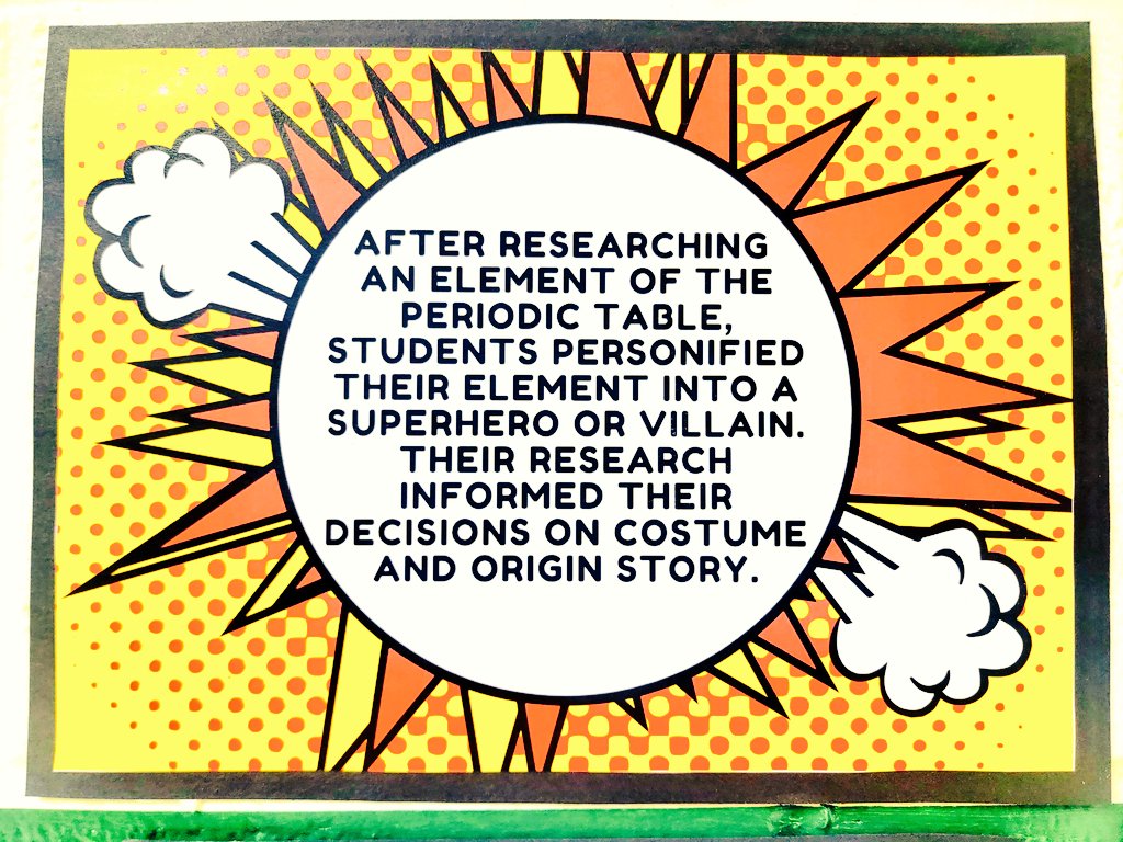 TimberwolvesGT's tweet photo. Superheroes and Villains imagined after researching one of the elements of the periodic table! Students LOVED this one. The GT scholars were so engaged! 
👩‍🔬🧪🦸‍♀️
.
.
@NISDLinton @NISDGTAA #WhyGT #NorthsideGT #GATE #chemistry #RootEdLinton #NISD @NISD https://t.co/OhoZlNM0dM