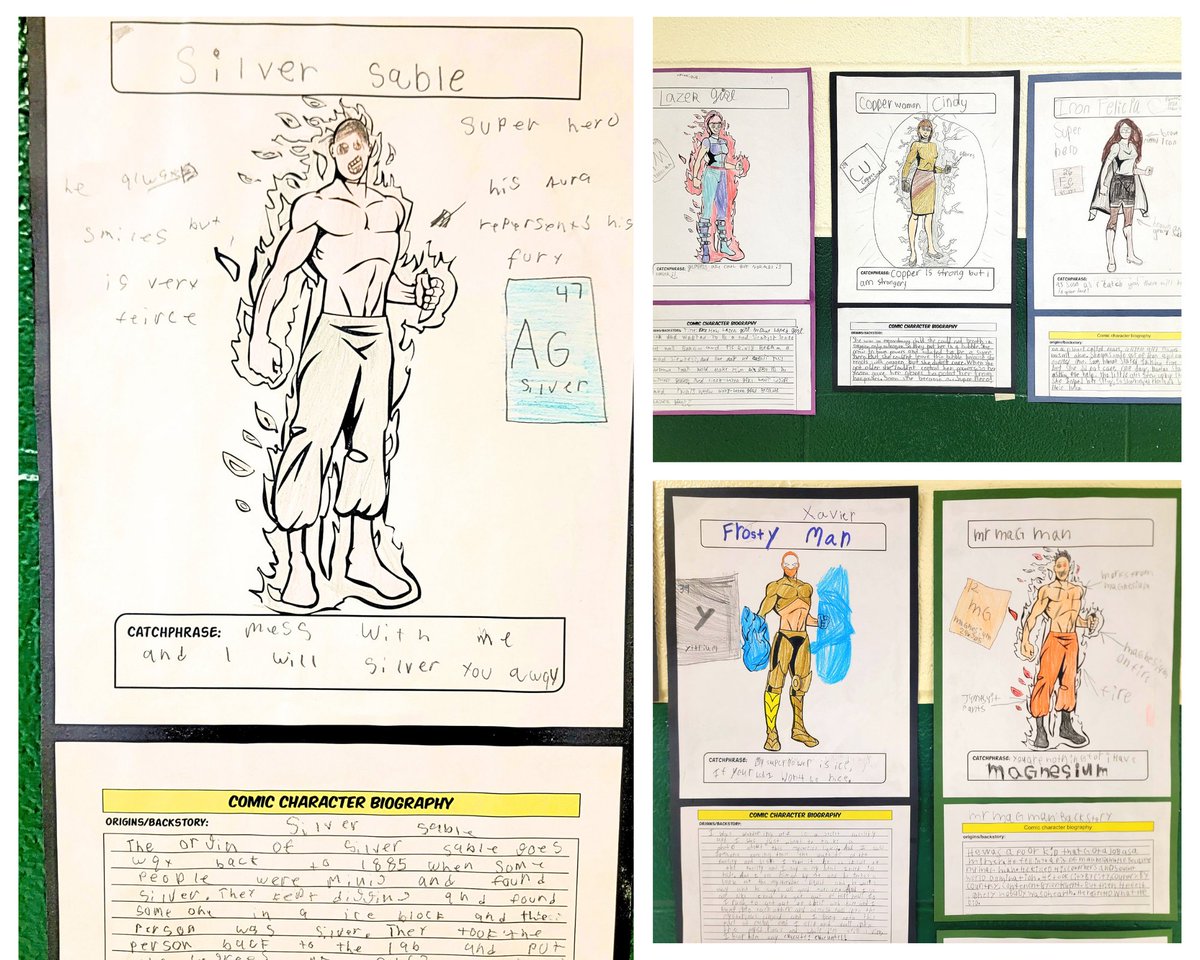 TimberwolvesGT's tweet photo. Superheroes and Villains imagined after researching one of the elements of the periodic table! Students LOVED this one. The GT scholars were so engaged! 
👩‍🔬🧪🦸‍♀️
.
.
@NISDLinton @NISDGTAA #WhyGT #NorthsideGT #GATE #chemistry #RootEdLinton #NISD @NISD https://t.co/OhoZlNM0dM