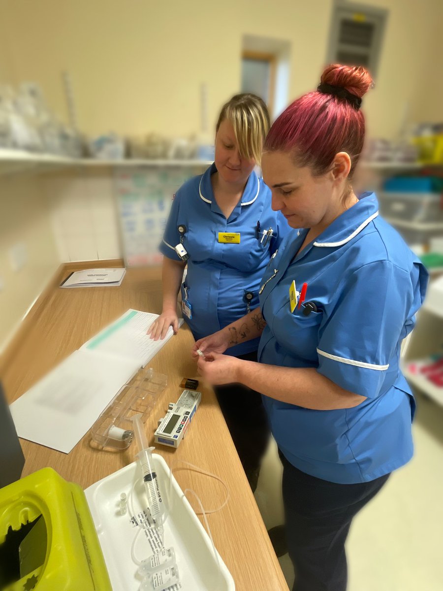 Here we find Chrissie and Jeni prepping a syringe driver ready for a patient. The task requires two trained nurses to ensure medication is managed safely. #OnShiftWithWHT