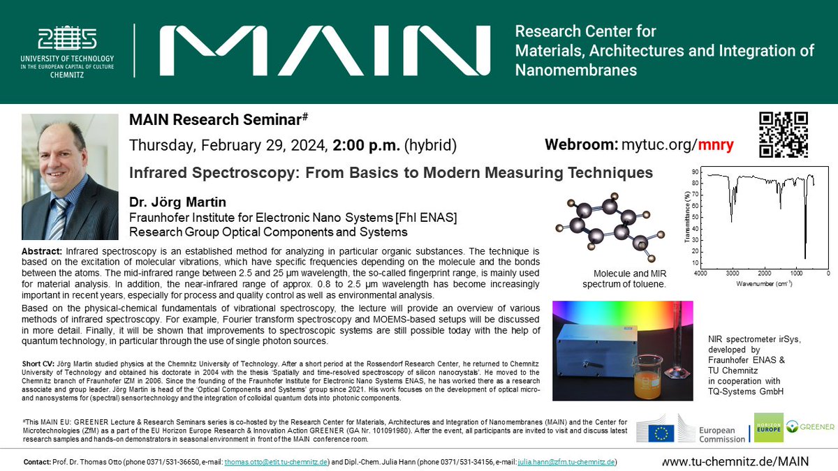 GREENER Project (@greener_eu) on Twitter photo ๐
Join us this Thursday for the MAIN Research Seminar with Dr. Joerg Martin from @FraunhoferENAS, <a href="/TUChemnitz/">TU Chemnitz</a> .
โExternal participants, register at the MAIN office: ๐ฉ๐๐๐๐๐๐๐@๐๐๐๐.๐๐-๐๐๐๐๐๐๐๐.๐
๐,
๐๐ฌ๐ฏ๐ณ๐ญ/๐ฑ๐ฏ๐ญ-๐ฎ๐ฌ๐ญ๐ฌ๐ฌ)
๐ Don't miss out! ๐
Join us this Thursday for the MAIN Research Seminar with Dr. Joerg Martin from @FraunhoferENAS, <a href="/TUChemnitz/">TU Chemnitz</a> .
โExternal participants, register at the MAIN office: ๐ฉ๐๐๐๐๐๐๐@๐๐๐๐.๐๐-๐๐๐๐๐๐๐๐.๐
๐,
๐๐ฌ๐ฏ๐ณ๐ญ/๐ฑ๐ฏ๐ญ-๐ฎ๐ฌ๐ญ๐ฌ๐ฌ)
๐ Don't miss out!