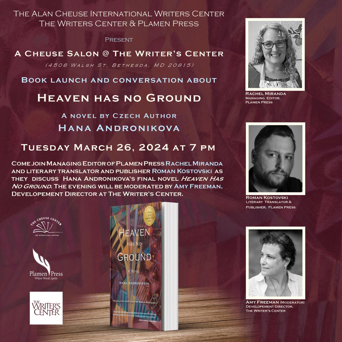 March 26 at 7 pm: save the date and join us @writerscenter for a Cheuse Salon with @Plamenpress @cheusecenter