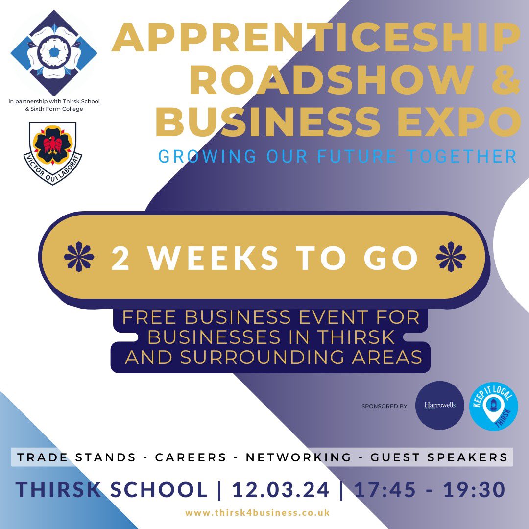 With only two weeks to go, don’t forget to reserved your spot at the Thirsk Business Expo  >>> eventbrite.com/e/687184406057…

APPRENTICESHIP ROADSHOW &amp; BUSINESS EXPO | 12.03.24 | 17:45 - 19:30 | Thirsk School

#thirskbusinessexpo #thirsk4biz