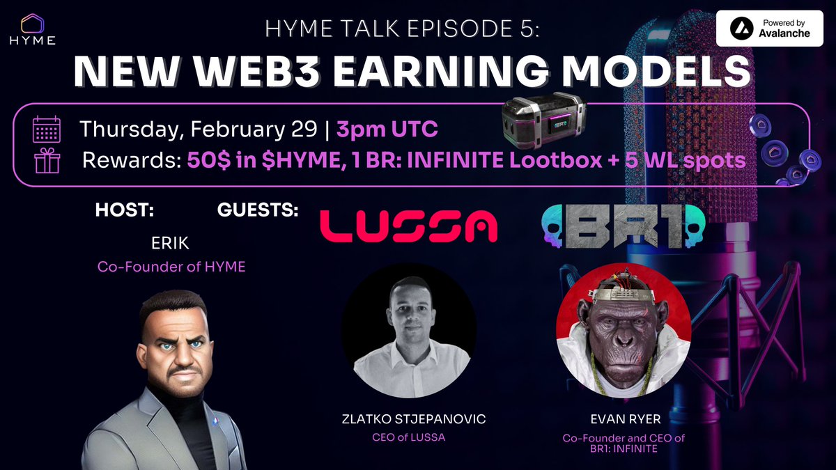Curious about innovative ways of making money? Join us for HYME Talk Episode 5!🔥

Stand a chance to win 50$, a <a href="/BR1INFINITE/">BR1: INFINITE</a> loot box and WL spots- simply like, RT and tune in!💸

🗓️Date: Feb 29
🕑Time: 3pm UTC
👥Guests: Evan (<a href="/BR1INFINITE/">BR1: INFINITE</a>) and Zlatko (<a href="/Lussaio/">Lussa</a>)
🔗Venue: