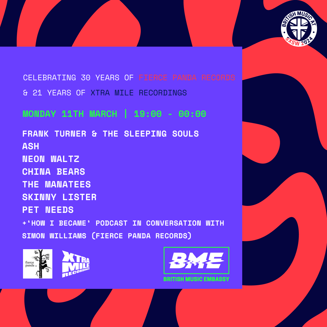 The line-up for our XMR21 showcase at @sxsw this year is here! Teaming up with @_FiercePanda who are celebrating 30 years in the business – we have an incredible bill featuring @frankturner, @SkinnyLister, @wearepetneeds + @ashofficial, @chinabearsband and more! See you there.