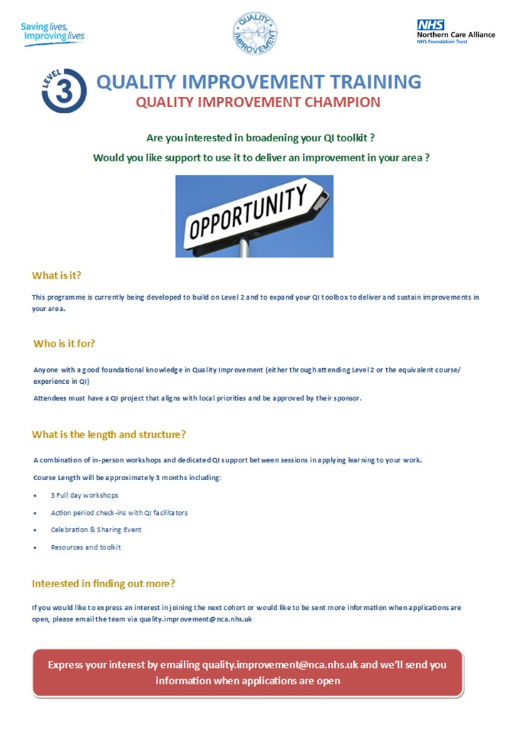 Our Level 3 QI Champions training begins next month! How exciting! If you would like to join our next cohort, register your interest with the QI team now! Available to all @NCAlliance_NHS staff with foundational QI knowledge