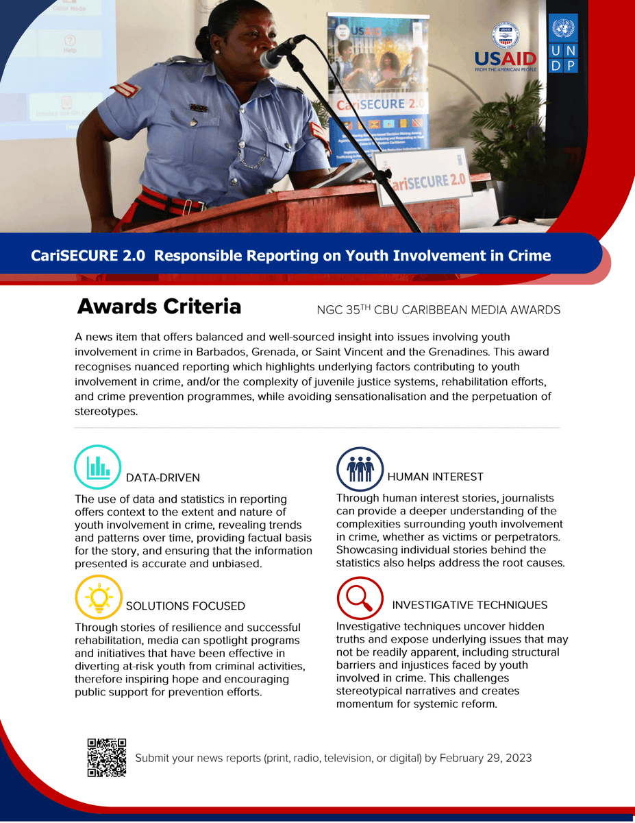 UNDPBarbadosEC's tweet photo. Tag a journalist!🧑🏽‍💻🎙

As part of @CBUorg's prestigious media awards, #CariSECURE 2.0 is recognising excellent reporting on Youth Involvement in Crime &amp; Trafficking in Persons. If you have produced any stories in these areas, you could be a 2024 awardee!🏆 https://t.co/G23uqZbJKJ https://t.co/npNdMeWEDb