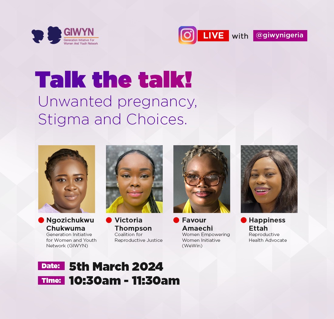giwynigeria's tweet photo. Join us @giwynigeria and our  distinguished speakers engage in candid conversations around unwanted pregnancy, Stigma and women's choices.
Event Details:
Instagram Live
5th March 2024
10:30 - 11:30 WAT
@Wewin_nig @MsRosyhotline @Fos_Feminista @VulwayaNigeria @Empath_Alliance https://t.co/RCgjZ4whNS