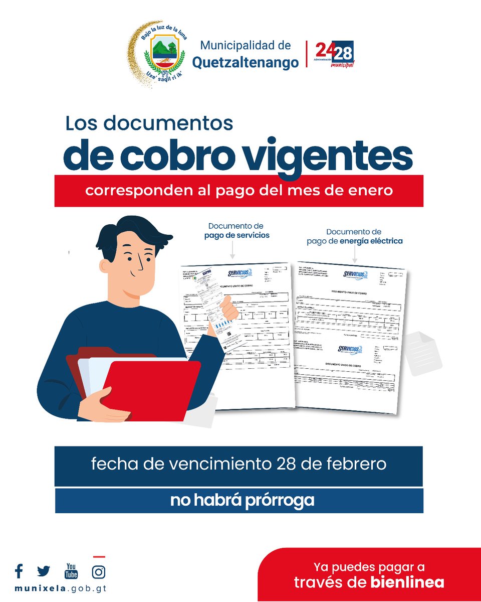 Recuerda que puedes pagar tus servicios municipales en nuestras ventanillas de pago ubicadas en #EEMQ #EMAX Y #MUNIXELA, en las agencias #BI y en #BIenLinea. Fecha de vencimiento de los documentos de cobro 28 de febrero