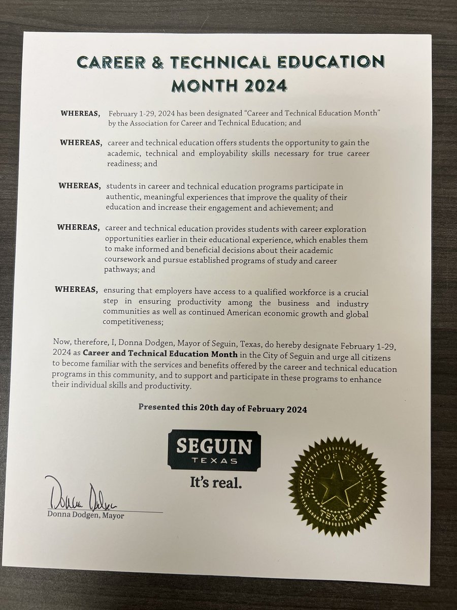 Thank you Mayor Donna Dodgen and members of the Seguin City Council for recognizing February as CTE Month in the City of Seguin. We greatly appreciate your support of all CTE students and teachers in the area. #CTEMonth