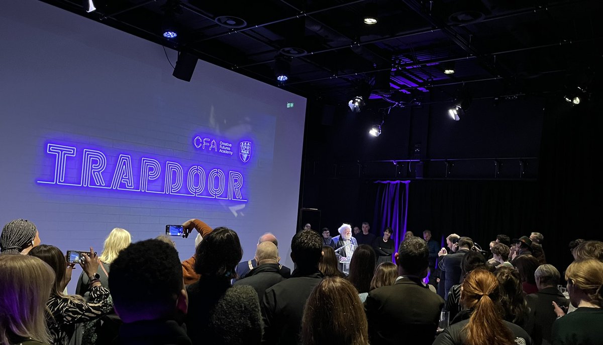 Fantastic buzz at the opening of the new @creativefutur16 #Trapdoor theatre at @ucddublin with @pjmath Donal Lunny, Frank McGuinness & Faith Olasogba. Great support from @OrlaFeely and tons of work from the CFA team getting this over the line! 🎉