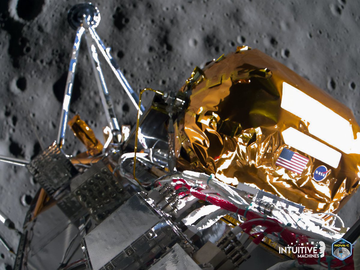 Int_Machines's tweet image. The images included here are the closest observations of any spaceflight mission to the south pole region of the Moon. Odysseus is quite the photographer, capturing this image approximately 30 meters above the lunar surface while his main engine throttled down more than 24,000…