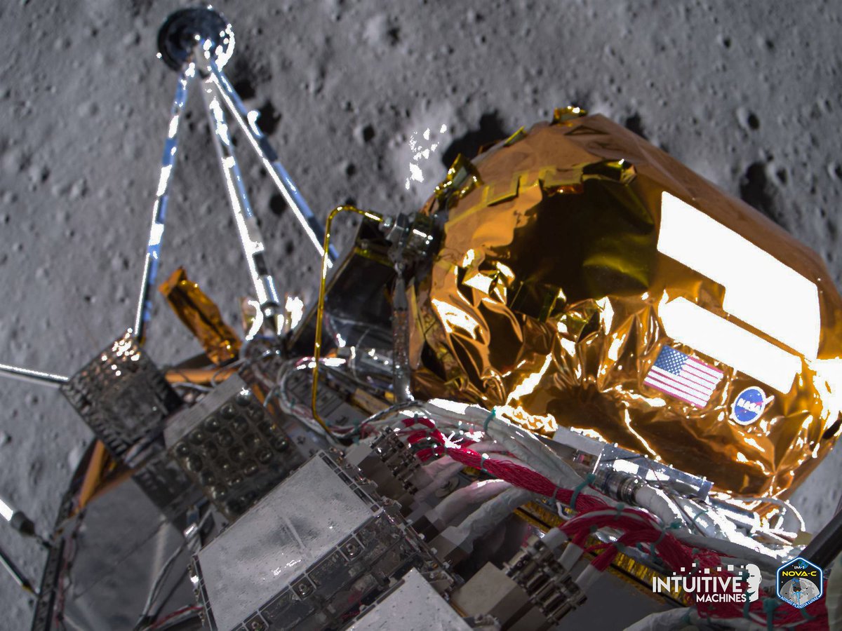 Int_Machines's tweet image. The images included here are the closest observations of any spaceflight mission to the south pole region of the Moon. Odysseus is quite the photographer, capturing this image approximately 30 meters above the lunar surface while his main engine throttled down more than 24,000…