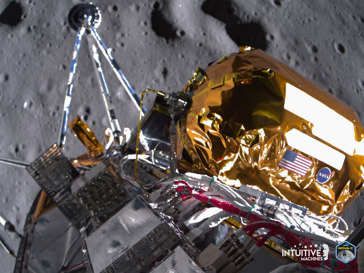 Int_Machines's tweet image. The images included here are the closest observations of any spaceflight mission to the south pole region of the Moon. Odysseus is quite the photographer, capturing this image approximately 30 meters above the lunar surface while his main engine throttled down more than 24,000…