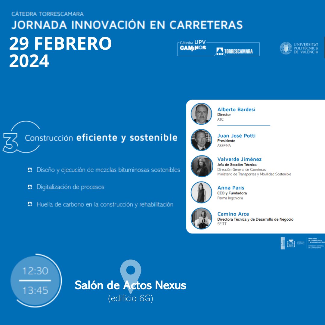 Bloque 3 de la jornada Innovación de Carreteras organizada por la Cátedra <a href="/TORRESCAMARA_/">TORRESCAMARA</a>“Construcción eficiente y sostenibilidad”
Ponentes: Alberto Bardesi #ATC Juan José Potti <a href="/asefma_es/">asefma</a> Valverde Jiménez <a href="/transportesgob/">Ministerio Transportes y Movilidad Sostenible</a> <a href="/aparismadrona/">Anna París</a> y Camino Arce #SEITT
ow.ly/EQGc50QyaRR