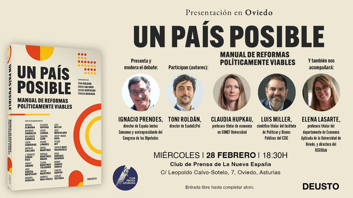 📚Mañana presentamos 'Un país posible' en Oviedo. A las 18:30 en @ClubprensaLNE.  Estaremos con los autores @toniroldanm, @claudiahupkau, @luismmiller; nos acompañará la economista @ele_lasarte; y contaremos con la moderación de @nachoprendes.  

¡Nos vemos allí!