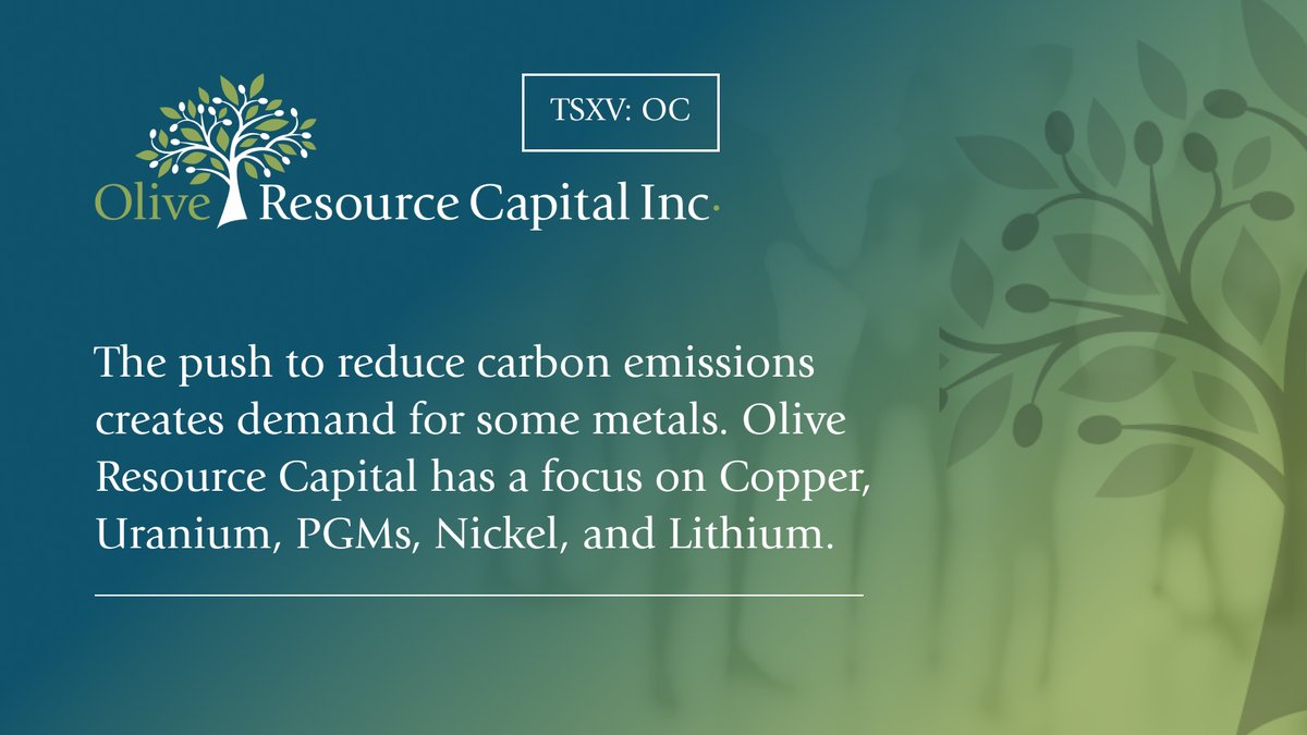 The push to reduce carbon emissions creates demand for some metals. Olive Resource Capital has a focus on Copper, Uranium, PGMs, Nickel, and Lithium.
🌐 Learn more ⇒ stockmkt.info/3baZfTr 
#capitalmarkets #stockmarket #investing #investingnews #TSXV
🇨🇦 $OC.V