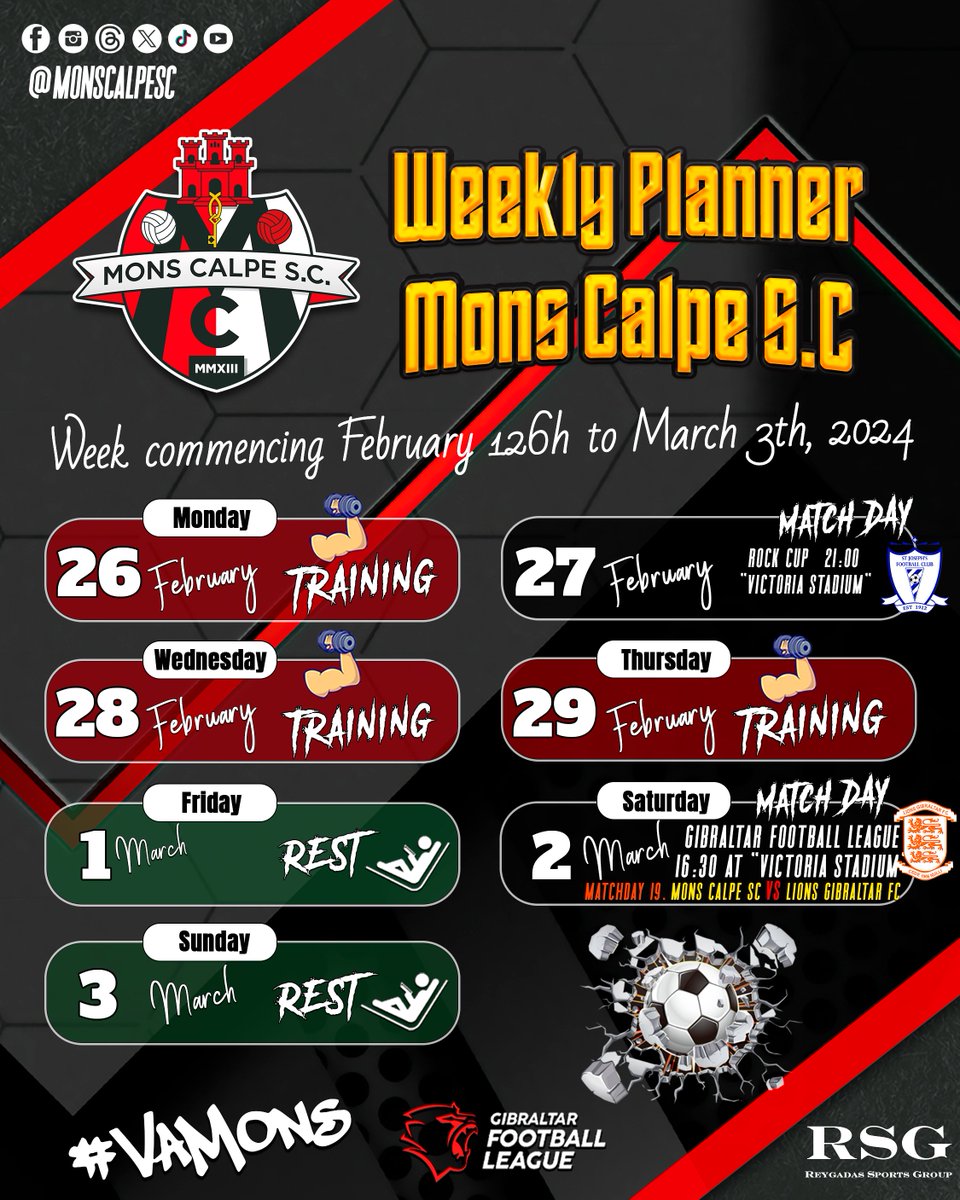 Mons Calpe S.C. Gibraltar (@monscalpesc) on Twitter photo ๐ฌ๐ง ๐๏ธ This week's planner is packed with action! Tonight, join us at the Rock Up Stadium as we face ST JOSEPHโS at 9:00 PM. Then, on Saturday, catch us at Victoria Stadium for matchday 19 of the Gibraltar Cup against Lions at 4:30 PM. Let's go, Mons Calpe! โฝ๐ฅ #MonsCalpe ๐ฌ๐ง ๐๏ธ This week's planner is packed with action! Tonight, join us at the Rock Up Stadium as we face ST JOSEPHโS at 9:00 PM. Then, on Saturday, catch us at Victoria Stadium for matchday 19 of the Gibraltar Cup against Lions at 4:30 PM. Let's go, Mons Calpe! โฝ๐ฅ #MonsCalpe