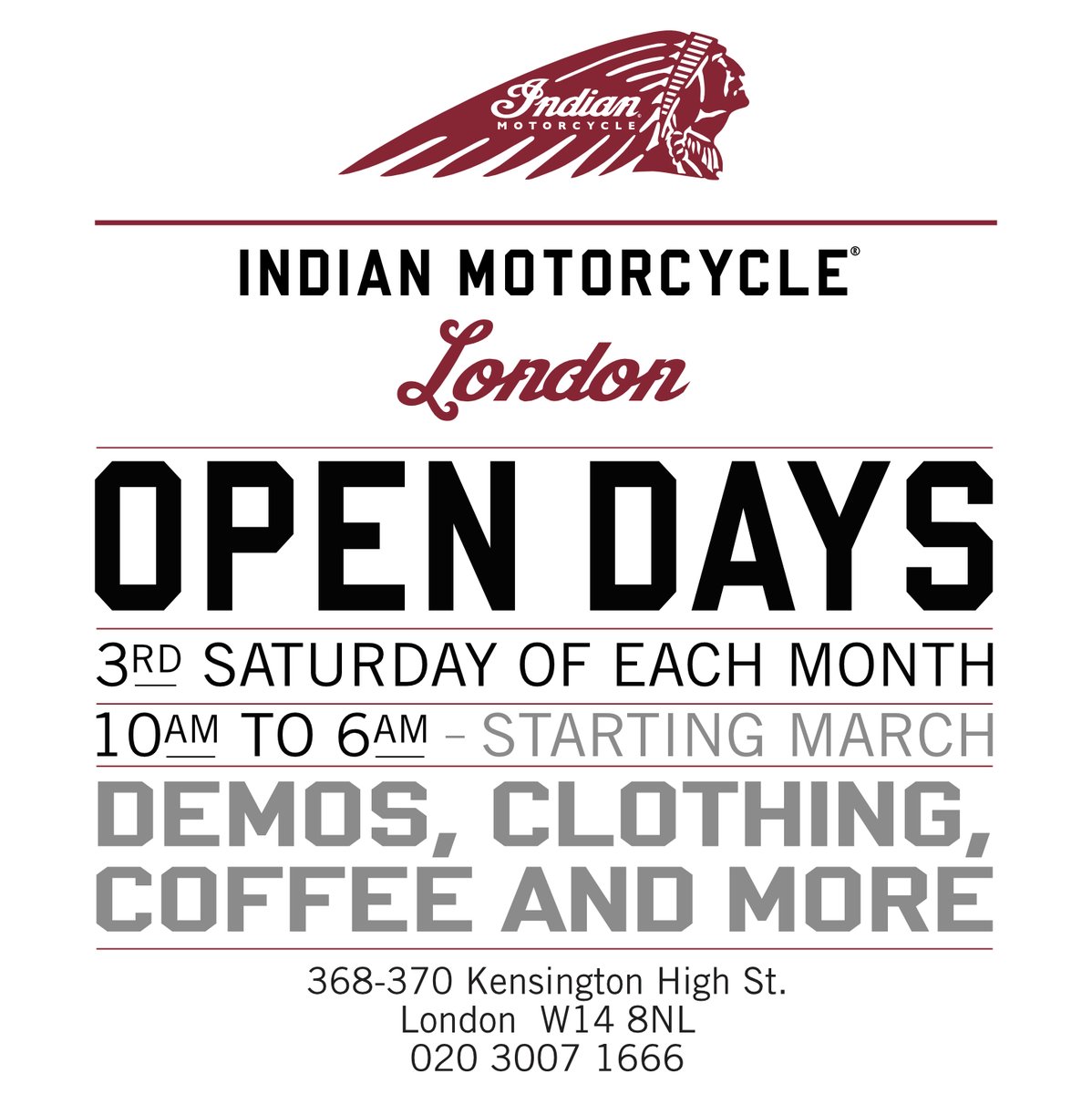 Krazy Horse (@krazyhorse5) on Twitter photo Our Indian Motorcycle London showroom is hosting a series of open days on the 3rd Saturday of each month!
We are kicking off with a Scout Demo Day on the 16th March!
To register your interest please email info@krazyhorse.co.uk or call 0203 0071666
#indianmotorcyclelondon Our Indian Motorcycle London showroom is hosting a series of open days on the 3rd Saturday of each month!
We are kicking off with a Scout Demo Day on the 16th March!
To register your interest please email info@krazyhorse.co.uk or call 0203 0071666
#indianmotorcyclelondon