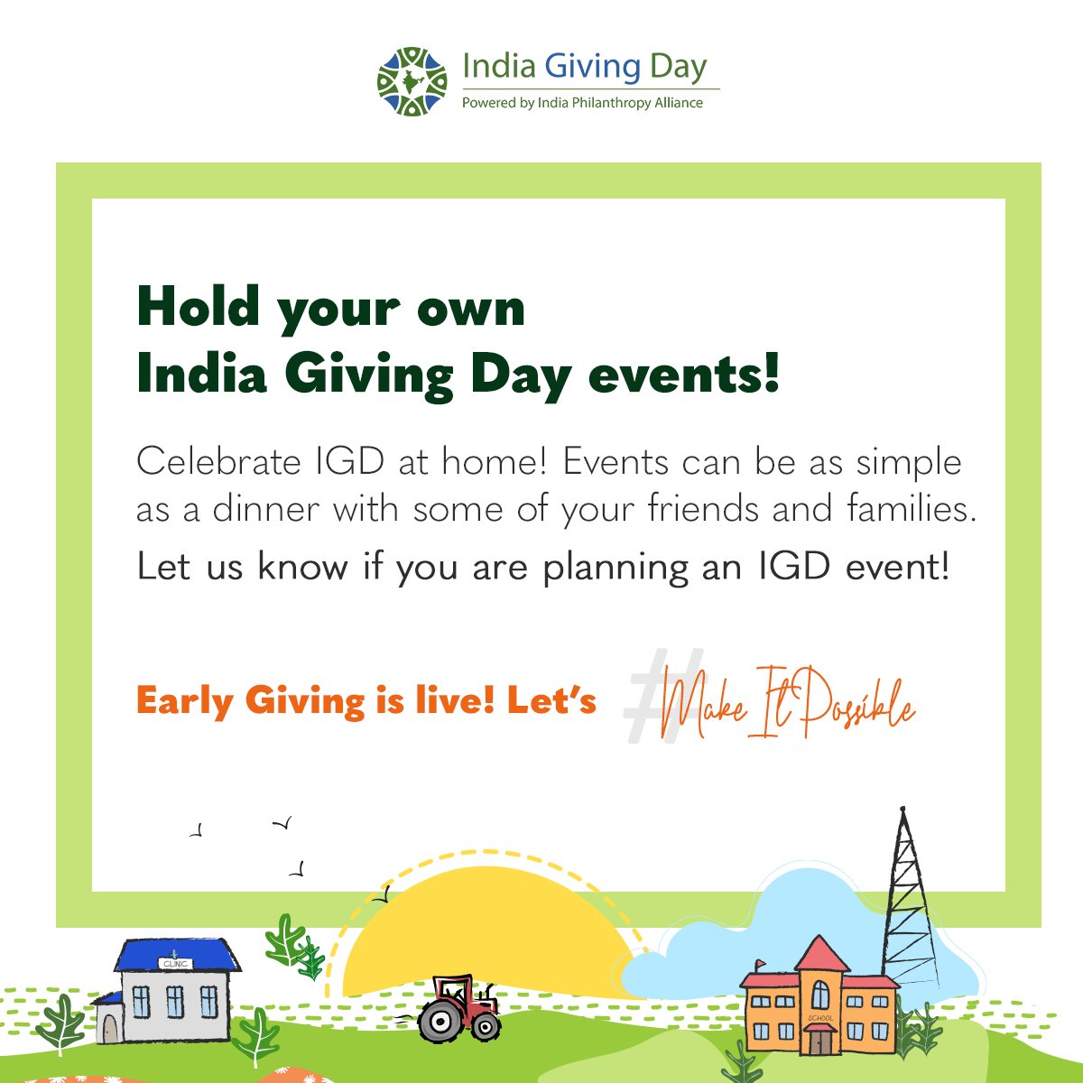 phil_india's tweet image. You can celebrate #IndiaGivingDay at home by hosting a dinner with families and friends and take the time to discuss development milestones in India, your favorite nonprofits &amp;amp; more! Refer to this toolkit for ideas: indiagivingday.org/info/news-even…​

#MakeItPossible