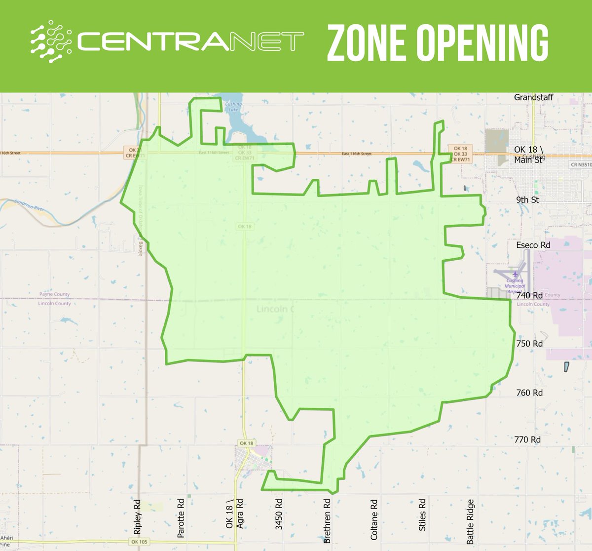 ‼️‼️ ATTENTION MEMBERS! NEW ZONE OPENING! ‼️‼️ If you live in the green shaded area and are a Central member, you can sign up now! Click ‘Check Availability’ at CentranetFiber.com or give us a call 405-533-FAST to sign up for service. #CentranetFiber #BreakTheRurals
