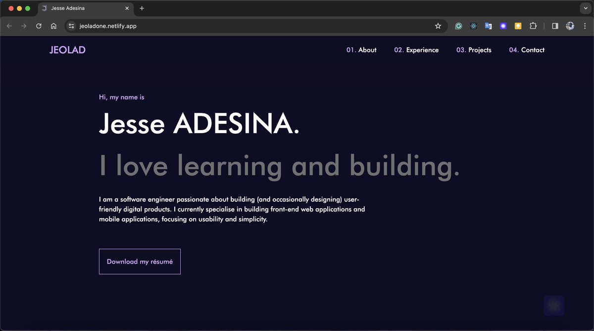 🚀 September 2022, I started my journey in Software Development and now I'm excited to launch my new portfolio website! Check out my projects and skills in one place. 

Built with React, and styled with Styled Components. 

Let me know what you think 🙃

jeoladone.netlify.app
