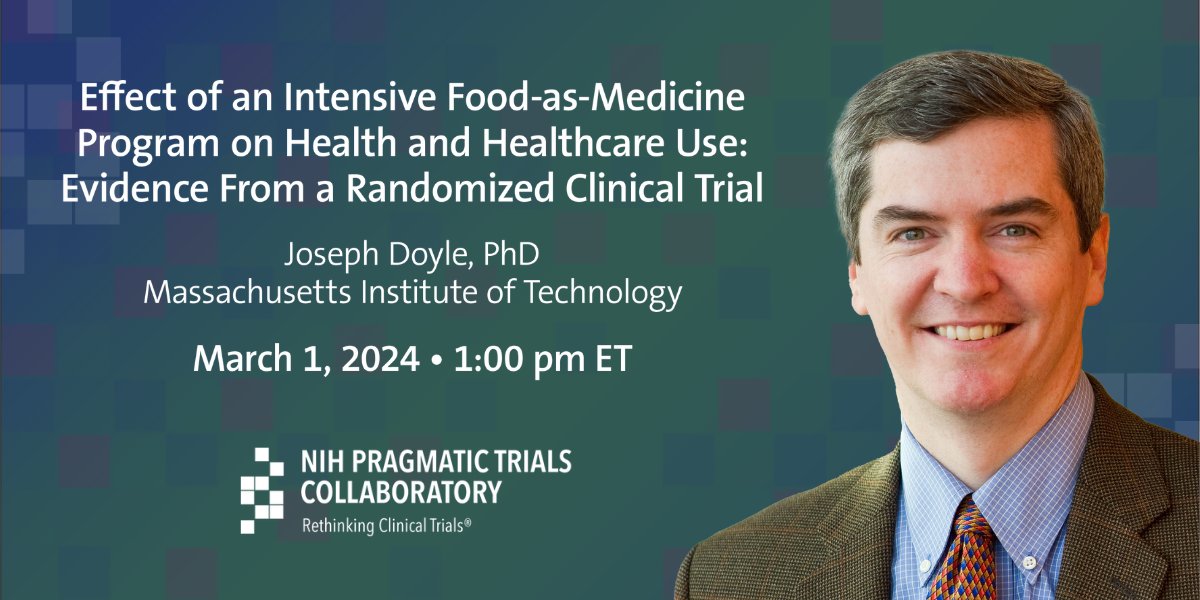 In this week's PCT Grand Rounds, Joseph Doyle of @MITSloan will present a randomized trial of an intensive food-as-medicine program implemented in a large healthcare system. Join us! #pctGR bit.ly/4bPCZsJ