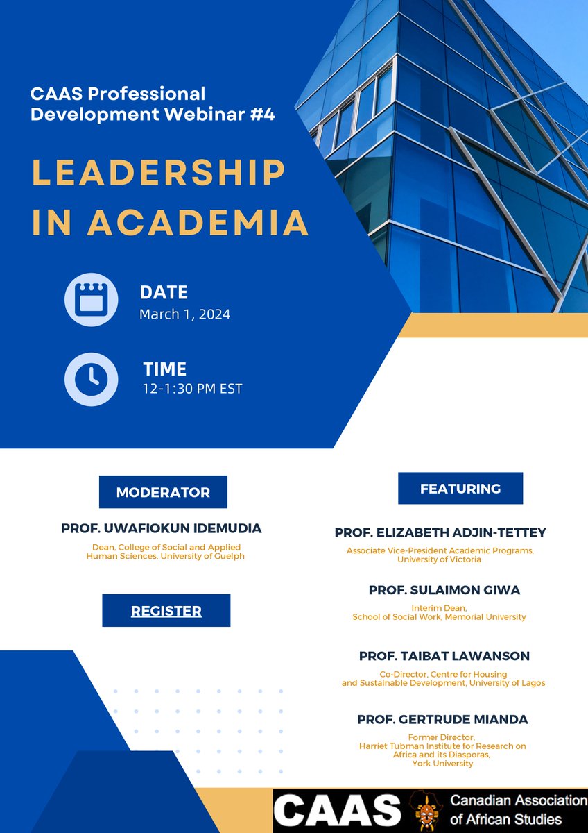 Join us this Friday, March 1, 2024, for another edition of the CAAS Professional Development Webinar.

Title: “Leadership in Academia”  Register for FREE - queensu.zoom.us/meeting/regist…