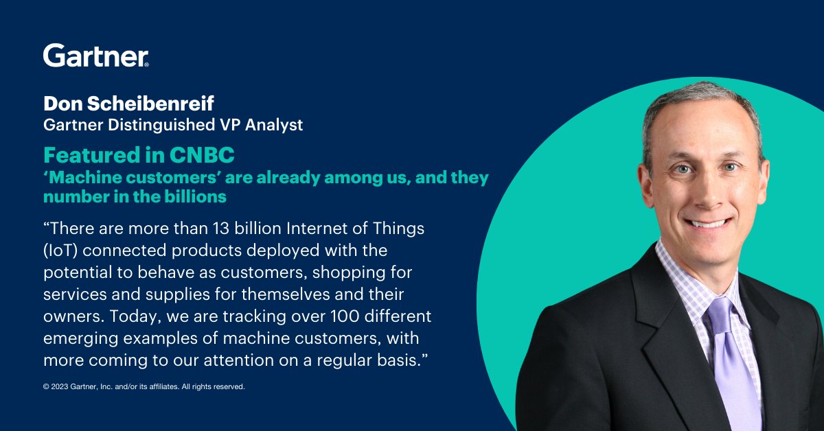 Gartner_inc's tweet image. Machine customers are already among us, performing the tasks we’d normally do as human customers. Gartner analyst @donscheibenreif shares how IT leaders can get ready for machine customers.

Read more in @CNBC via @BobViolino: cnb.cx/49MWpNg #GartnerIT