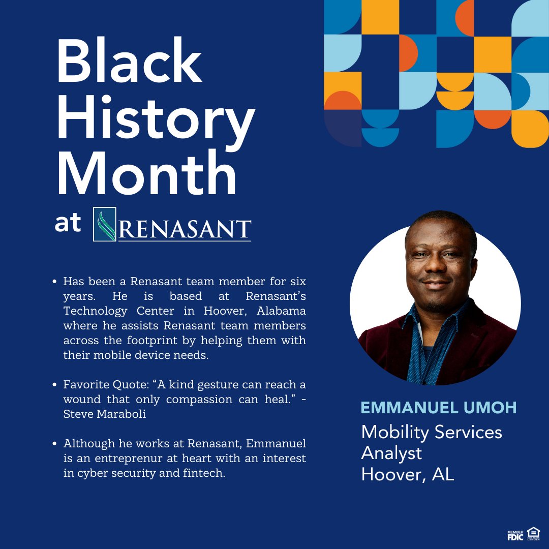 'What gives me immense joy is helping to put a smile on someone else’s face.' - Emmanuel Umoh We are so proud to have Emmanuel on our team. Thank you for all you do to assist our employees and bring others joy, Emmanuel! #BlackHistoryMonthatRenasant