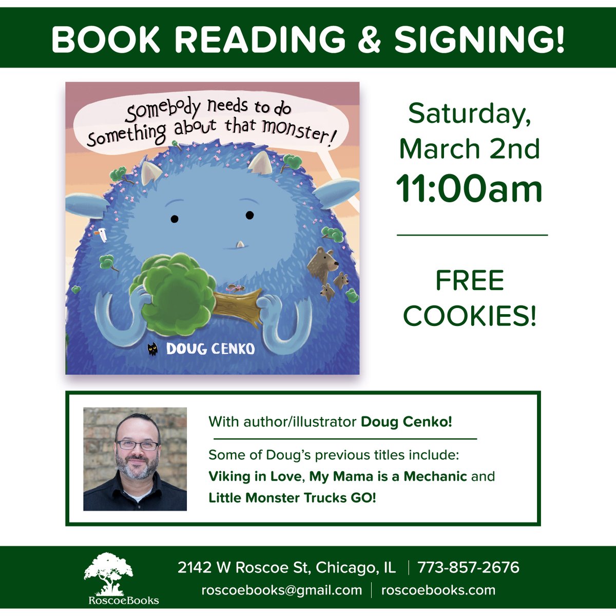 Do you like free cookies? I like free cookies. AND I'll be reading and signing SOMEBODY NEEDS TO DO SOMETHING ABOUT THAT MONSTER! Please join us at <a href="/RoscoeBooks/">RoscoeBooks</a> March 2nd at 11am!

#kidlit #kidlitart #authorsigning #peachtree #roscoebooks #freecookies <a href="/PeachtreePub/">Peachtree Publishing Company</a>