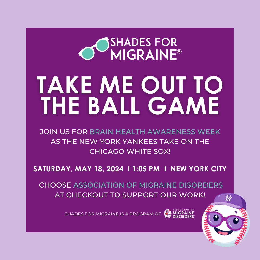 Join us as the @Yankees face the @WhiteSox for a Brain Health Awareness event. Choose Association of Migraine Disorders at checkout to receive a limited edition Yankees Hat. A portion of every ticket sold will directly contribute to our impactful work: offer.fevo.com/yankees-vs-whi…