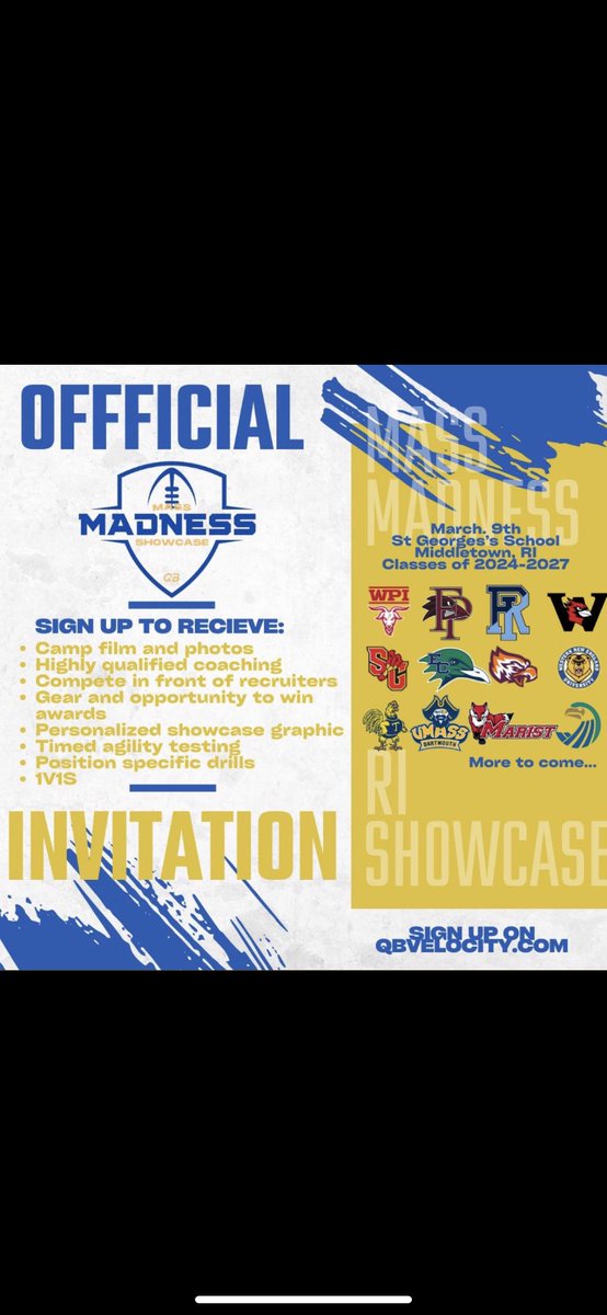 Thank you <a href="/CoachPinaQBV/">Coach Mike Pina Jr.</a> for the invite to the Mass Madness Showcase Camp. <a href="/QBVelocity/">QB Velocity</a>