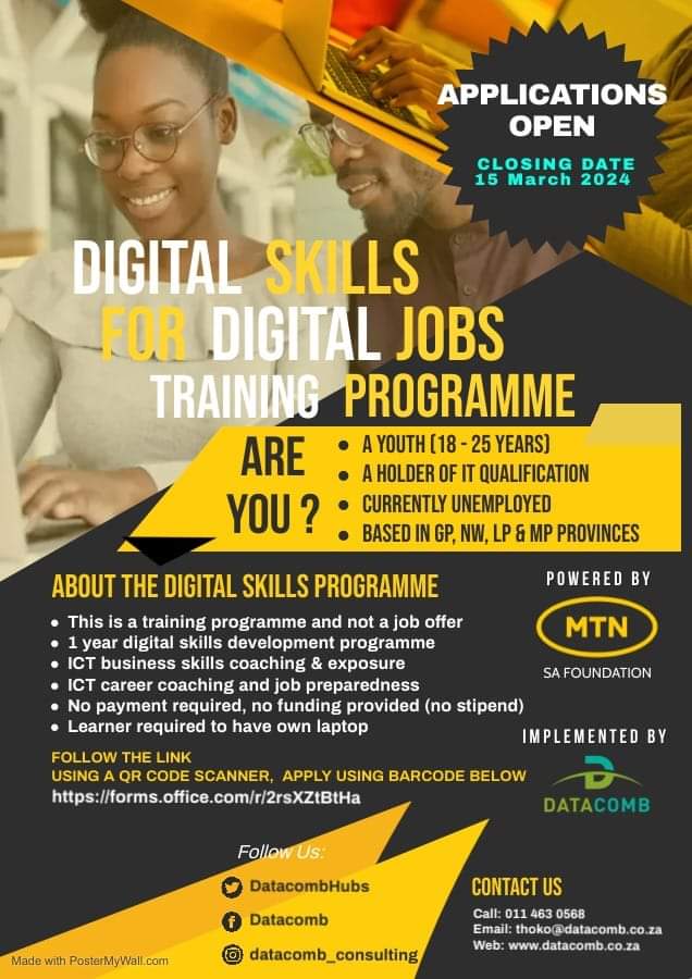 MTN SA Foundation Digital Skills Programme 2024. Those eligible to apply are as follows: - Learner required to have own laptop - Youth (under 35 years) - A holder of IT qualification - Currently unemployed - Based in Gauteng, Mpumalanga, bit.ly/3wvzRlC.