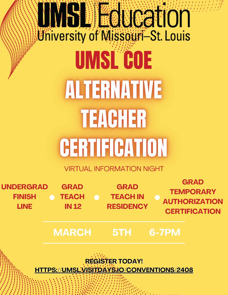 One week from today! Our @UMSLCOE teaching pathways virtual presentation. Tuesday, March 5, 6-7PM via zoom. If you would like to change lives every day as a teacher, please join us! @umsl umsl.visitdays.io/conventions/24…