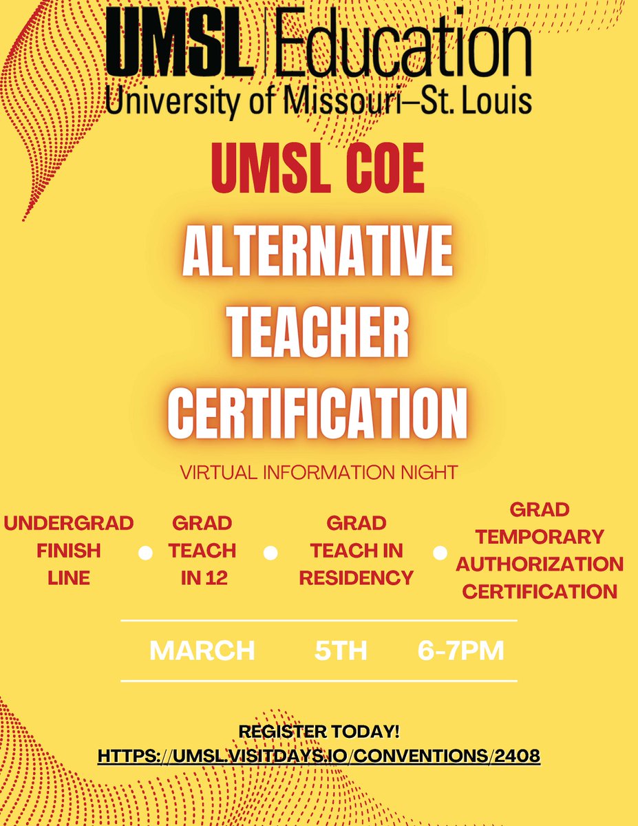 One week from today!  Our <a href="/UMSLCOE/">UMSL College of Education</a> teaching pathways virtual presentation.  Tuesday, March 5, 6-7PM via zoom.  If you would like to change lives every day as a teacher, please join us!  <a href="/umsl/">University of Missouri–St. Louis</a>  
umsl.visitdays.io/conventions/24…