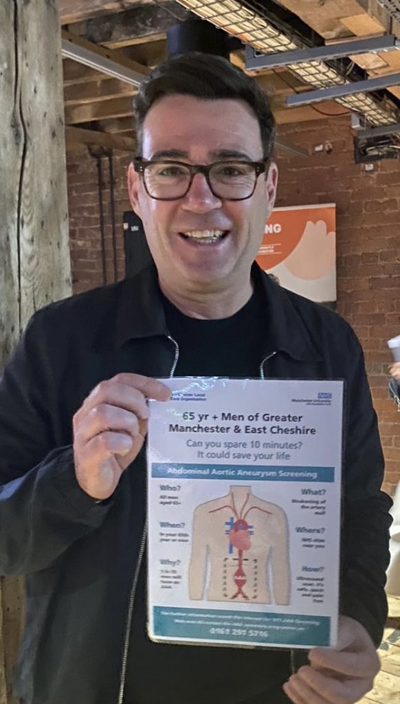 Naseer Ahmad (@nas_vascular) on Twitter photo Guess who we got to promote the Greater Manchester and East Cheshire Aneurysm Screening Programme?
Only our Mayor <a href="/AndyBurnhamGM/">Andy Burnham</a> !
<a href="/AAA_Screening/">Abdominal Aortic Aneurysm (AAA) Screening</a> Guess who we got to promote the Greater Manchester and East Cheshire Aneurysm Screening Programme?
Only our Mayor <a href="/AndyBurnhamGM/">Andy Burnham</a> !
<a href="/AAA_Screening/">Abdominal Aortic Aneurysm (AAA) Screening</a>