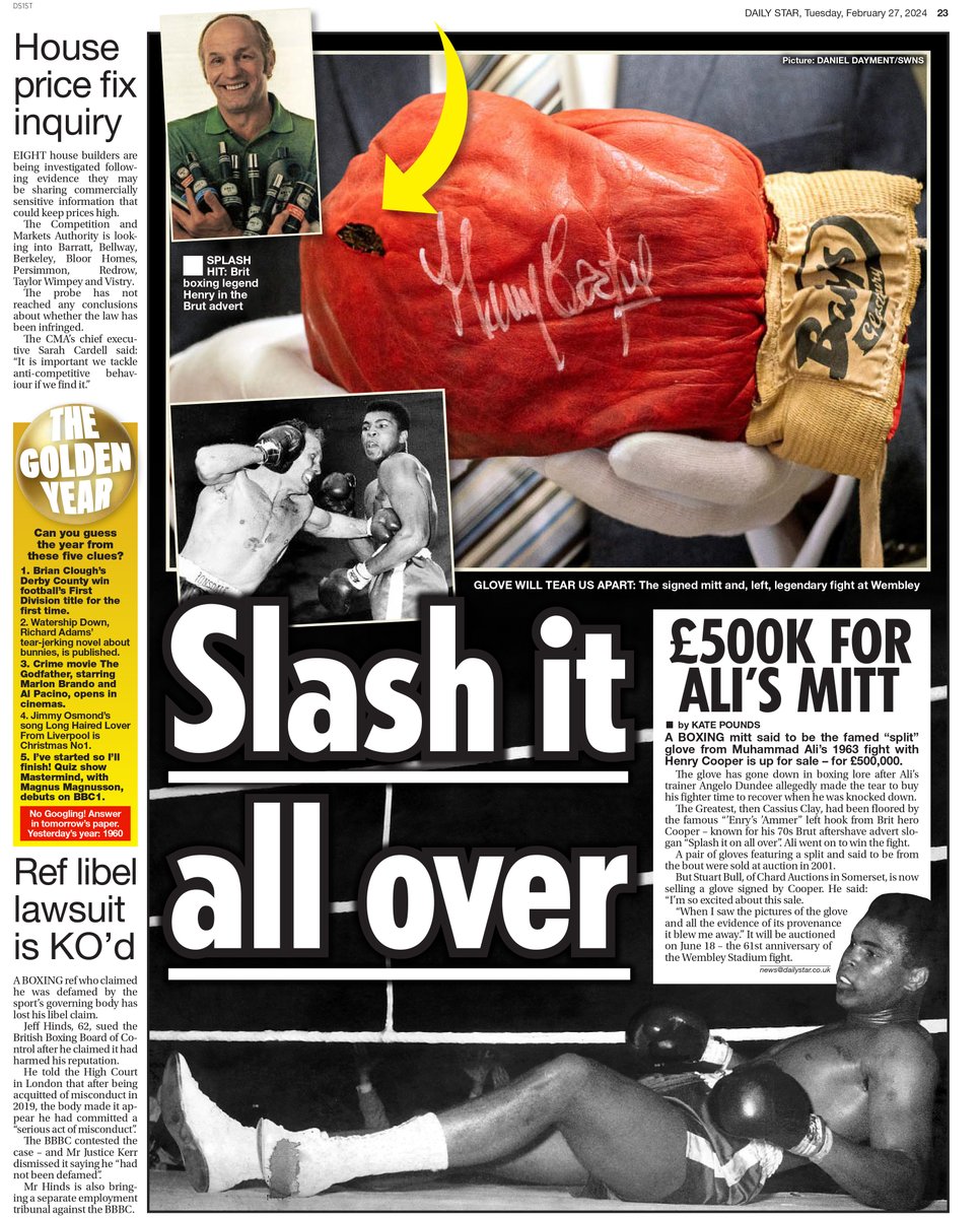 #MuhammadAli's glove that he wore in his famous clash with Britain's Henry Cooper at Wembley Stadium in 1963. The glove is expected to sell for £500,000 once it is auctioned by Stuart Bull in Chard. @swns #boxing