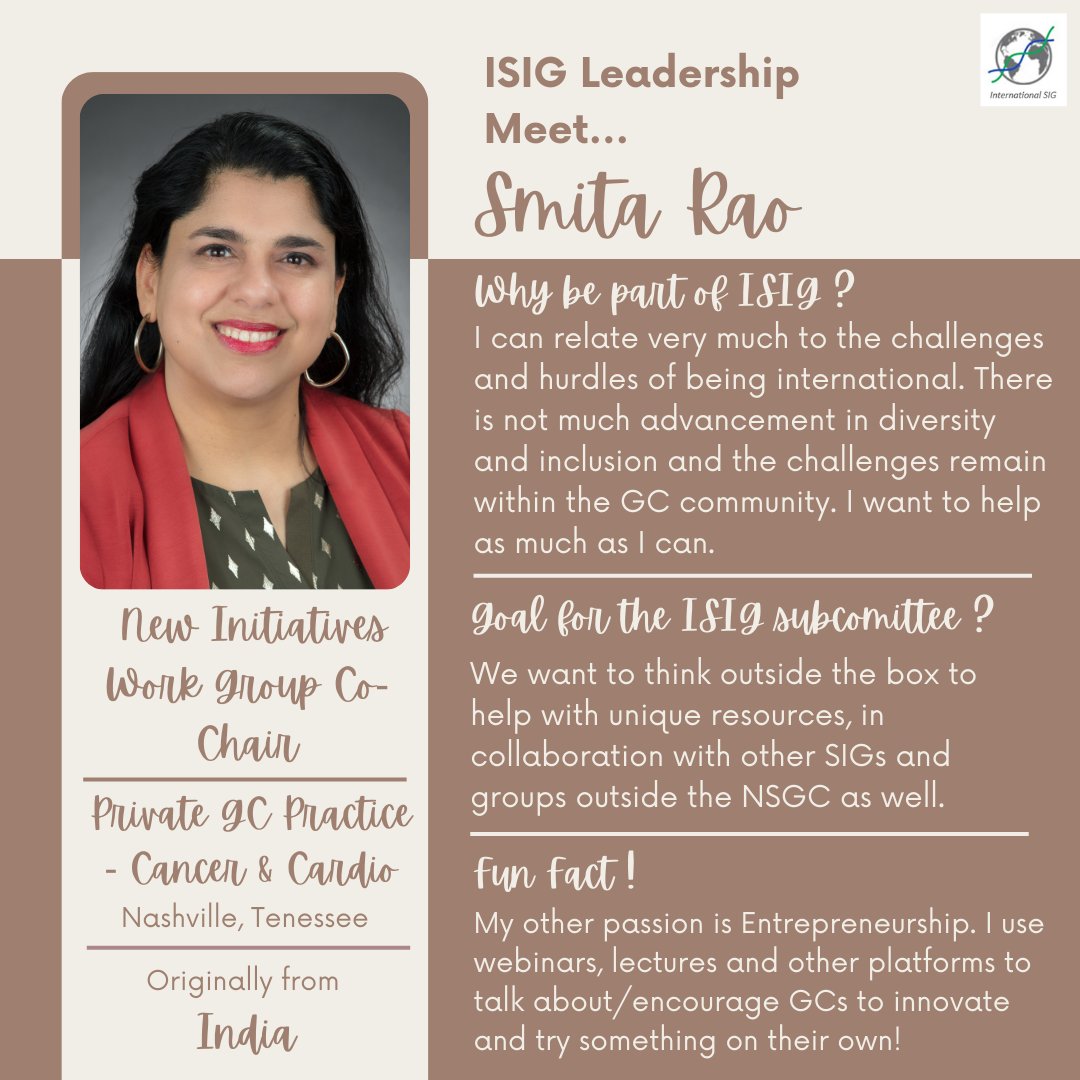Meet our "Initiatives Workgroup Subcommittee" Co-chair of International SIG! 

Smita Rao

#ISIG #InternationalSIG #leadership #goals #subcommittee #cochair #GeneChat #initiatives