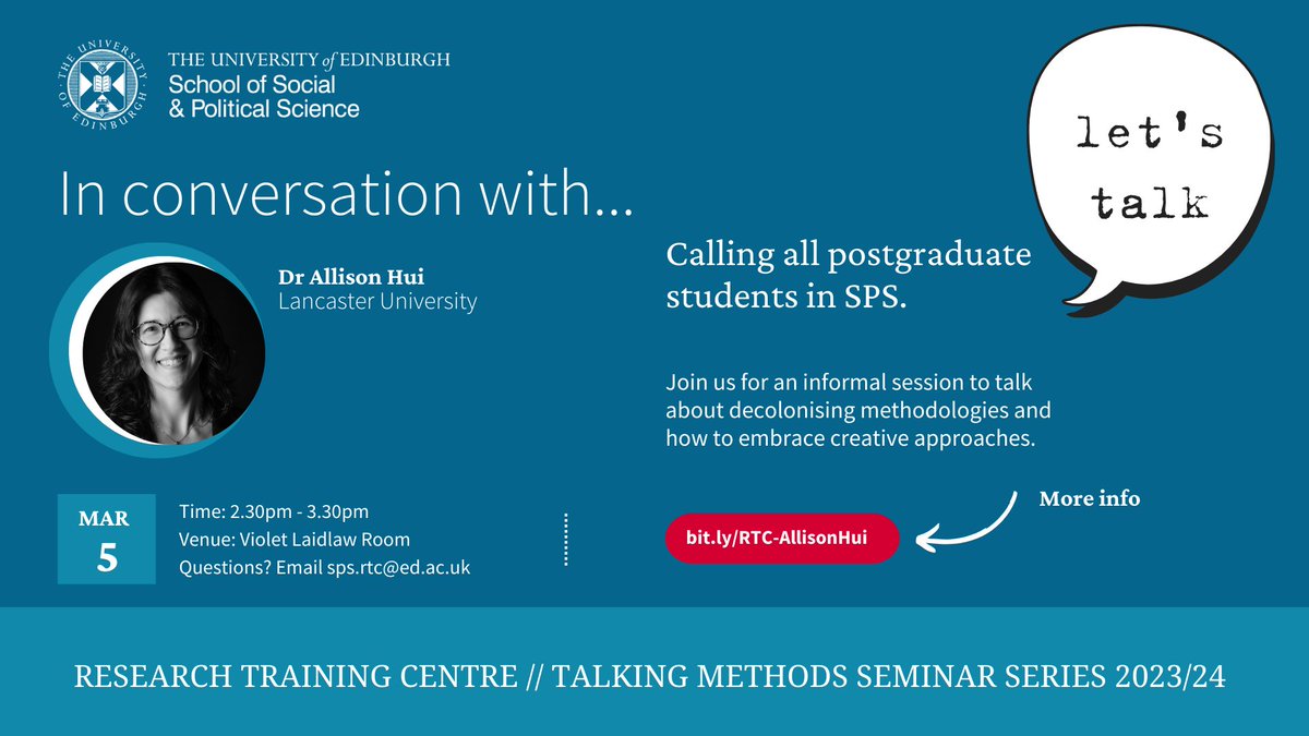 📢Calling all SPS PG Students📢 We have a new exciting event with Allison Hui - Senior Lecturer in Sociology at Lancaster University. Research in the emergence and transformation of sets of diverse, interwoven social practices. More details below⬇️