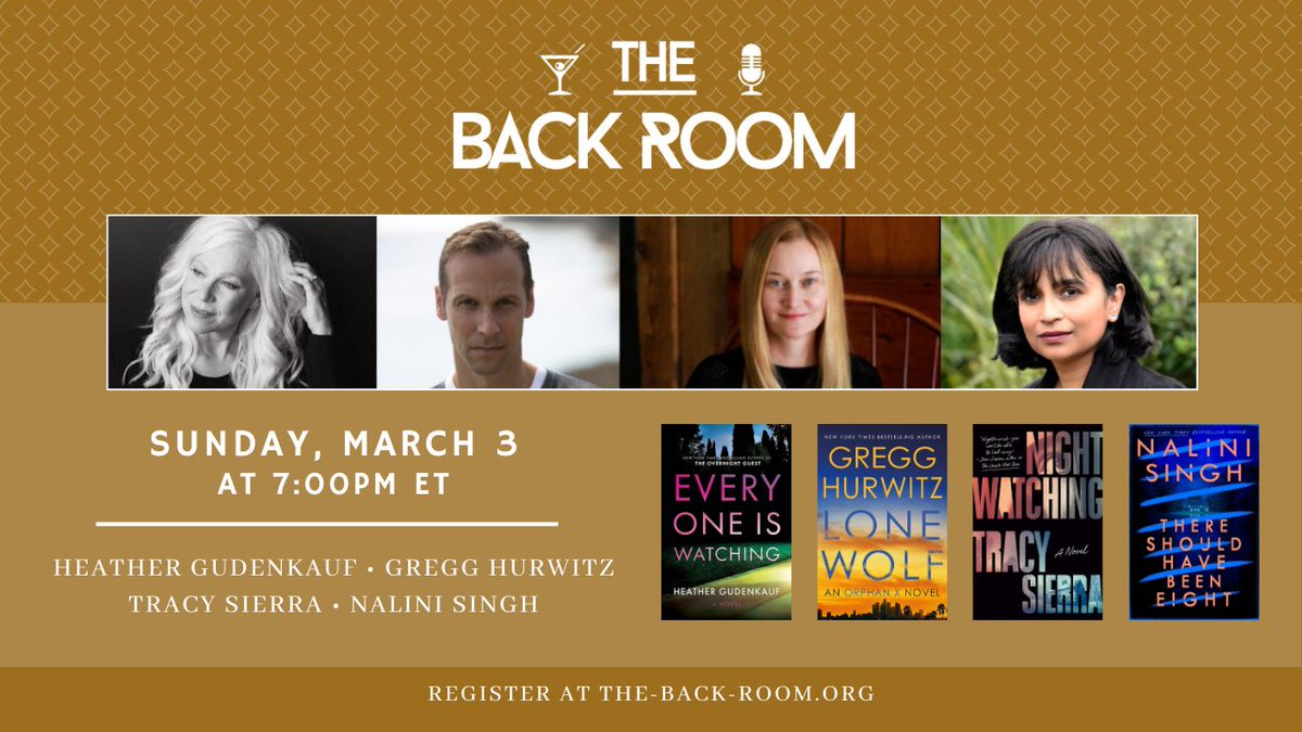 Let's kick off our Spring Season with Super Suspense with: ⁠ • @hgudenkauf • @GreggHurwitz • @TSierraWrites • @nalinisingh ⁠ Sunday, March 3 at 7pm ET with your hosts @hankpryan and @karendionneauthor.⁠ ⁠ Register today at the-back-room.org/march-3/