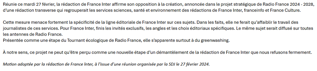 SDJ France Inter (@sdjfranceinter) on Twitter photo Les journalistes de France Inter disent leur opposition au projet de fusion des services sciences, santé et environnement. Les journalistes de France Inter disent leur opposition au projet de fusion des services sciences, santé et environnement.