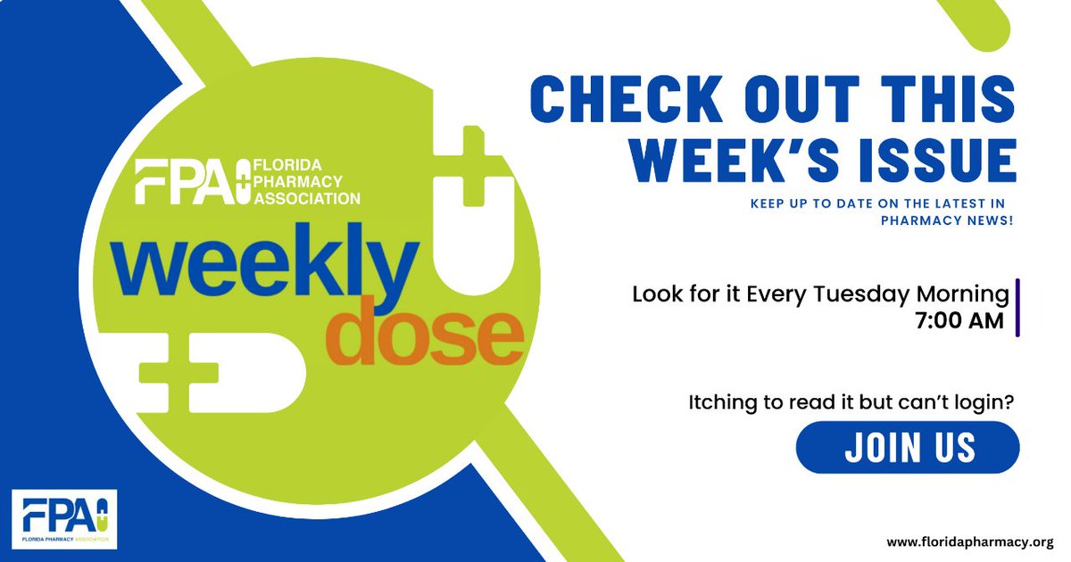 Your FPA Weekly Dose has arrived!  Dive in and read about the latest updates, insights, and trends in the pharmaceutical world. Can't access it? Grab your membership NOW! floridapharmacy.org/membership/ 

#FloridaPharmacyAssociation #TheWeeklyDose #ElevateYourPractice #PharmacyExcellence