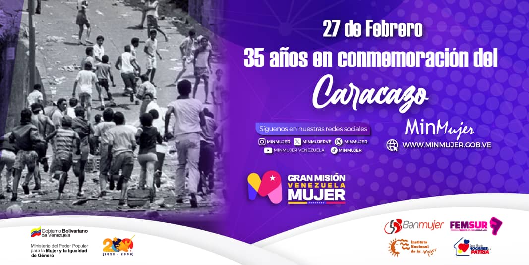 #27Feb 🗓 Conmemoramos 35 años de El Caracazo, la rebelión popular contra las medidas neoliberales aplicadas en el país bajo el auspicio del FMI. Este estallido abriría la senda hacia la transformación social que impulsó la Revolución Bolivariana.

#VenezuelaAbreCaminos