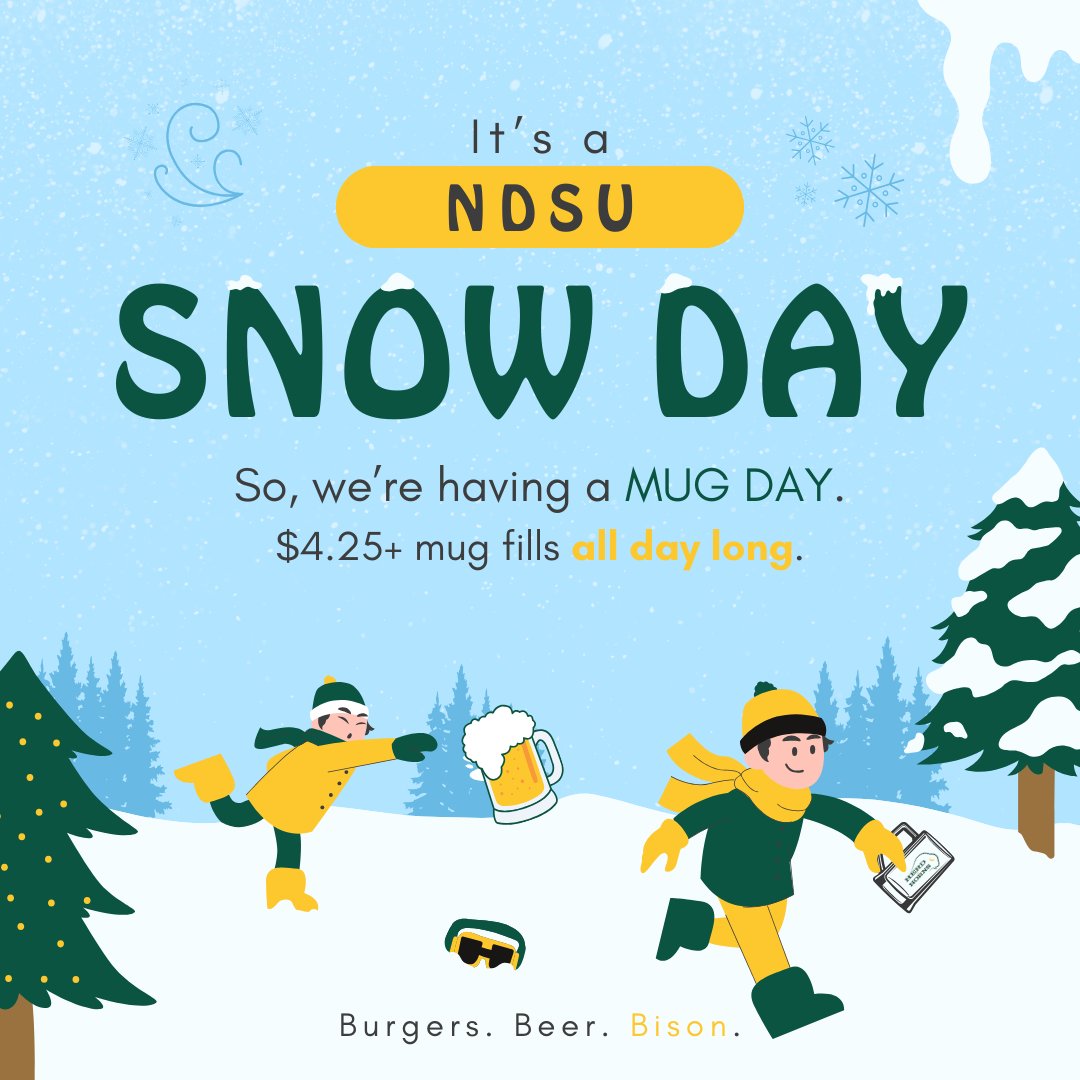 HerdandHorns's tweet photo. Since NDSU is having a snow day, we're having a MUG DAY — $4.25+ Mug Fills from open till close. Bison, let's have ourselves a day.❄️🦬
#gobison #mugnight #fargond #experiencendsu https://t.co/ARnK9Qf8ol